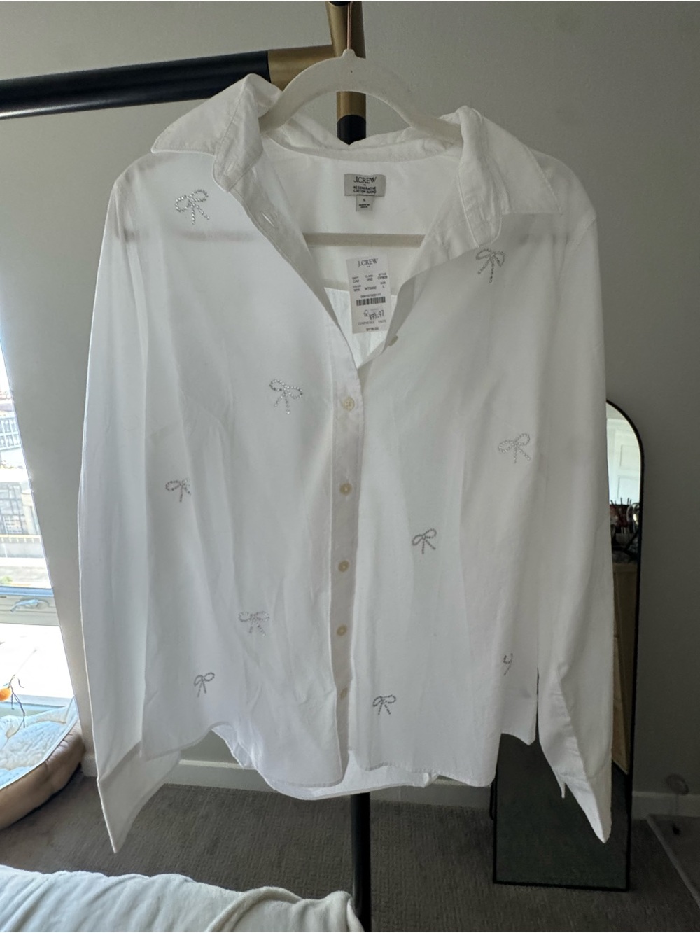J. Crew White Button-Up Shirt with Crystal Bow Accents